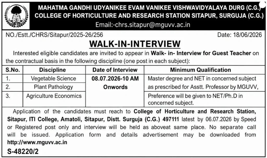 MGUVV Guest Teacher Recruitment 2026